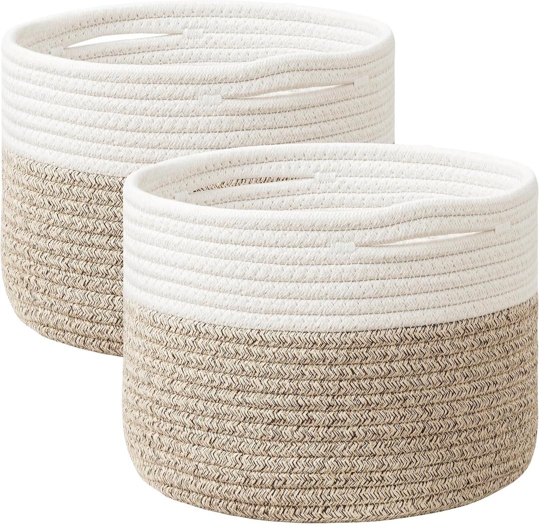 UBBCARE 2 Pack Small Basket for Organizing, Round Woven Basket With Handles, Small Storage Basket for decor, Beige & Brown Cotton Rope Basket (9.5" x 9.5" x 7.1")