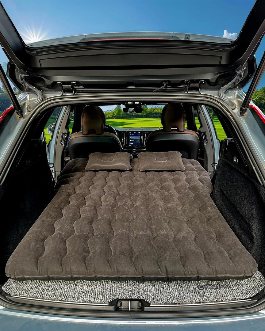SUV Air Mattress, Inflatable SUV Mattress Bottle and Phone Holder Thickened Flocking & PVC Surface Car Air Mattress with Electric Air Pump Travel Mattress for Car Camping Road Trip (BLACK)