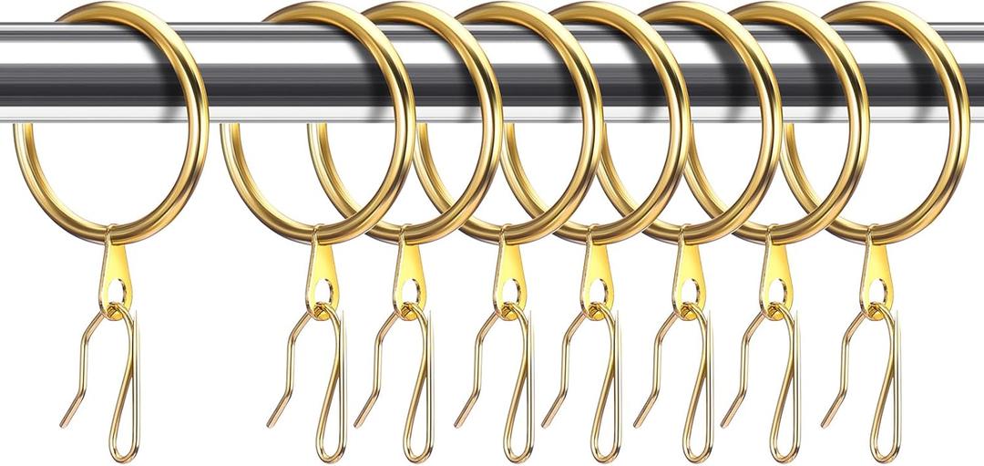 Hotop 30 Pcs Metal Drapery Curtain Rings 0.98/1.26/1.65 inch Interior Diameter and 30 Pcs Hanging Curtain Drapery Pin Hooks for Window Door Shower(Gold,32 mm)