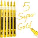 HOTU 5 Pack Super Gold Paint Markers - Metallic Gold Acrylic Paint Pens Glitter Extra Fine Tip 0.7mm for Black Paper,Wood, Rock Painting, Glass, Fabric