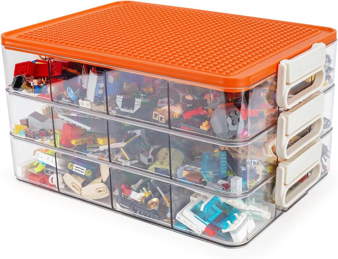 WANLIAN Storage Containers with Building Plate Lid, Acrylic Stack-able Organizer Bin Chest, Brick Toy Storage Organizer with handle, Bin Storage, Storage (Does not include Bricks)