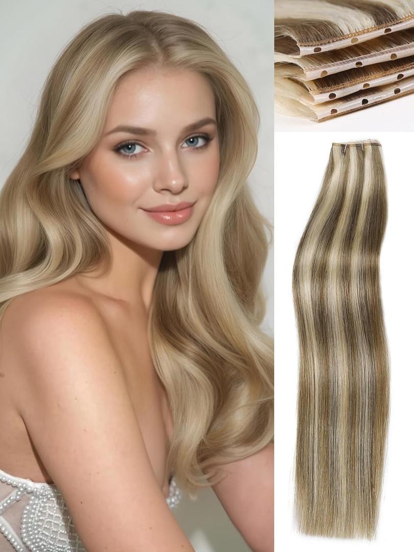 WIGNEE Double Invisible PU OVO Human Hair Extensions 100% Remy Hair Weft Black Hair Extensions Human Hair 2 PCS 16 Inch No Glue Genius Micro Bead Real Human Hair Extensions (9A/60) (Blonde Ombre)