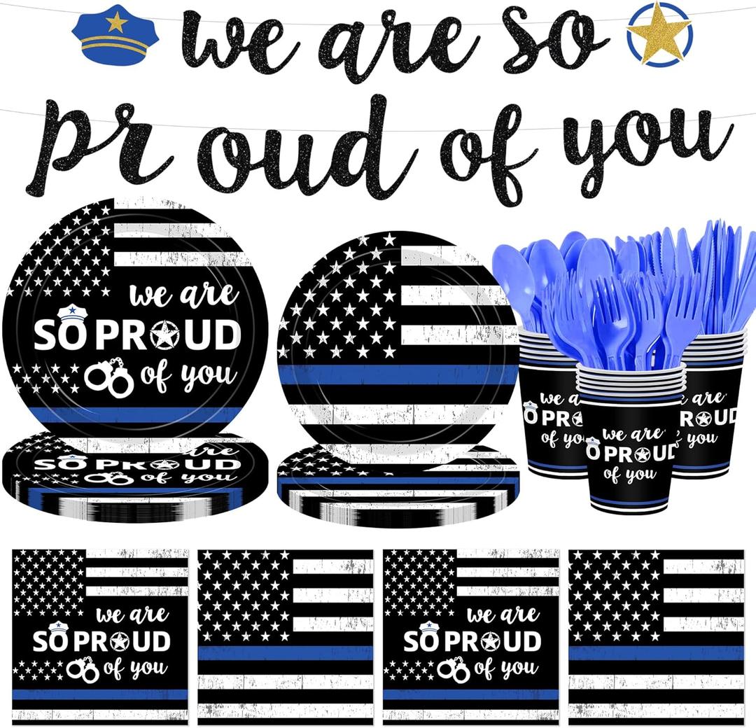 142Pcs Police Academy Graduate Party Supplies We Are So Proud Of You Police Theme Plates and Napkins Congrats Officer Party Decorations for Police Retirement Grad Graduation Promotion Party Serves 24