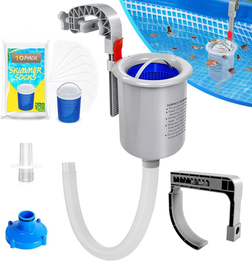 Above Ground Pool Skimmer with 10 PCS Skimmer Socks, Floating Pool Surface Skimmer Basket for Above Ground Pool, Compatible with Intex Inflatable Pools, Efficiently Removes Leaves Debris