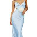 Satin Slip Backless Midi Dress for Wedding Guest Silk V Neck Cut Out Tie Back Long Dresses for Women 2023 White