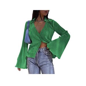 LYANER Women's Deep V Neck Button Front Bell Long Sleeve Blouse Shirt Top Grass Green Medium