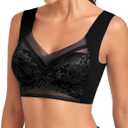 WOWENY Seamless Lace Bras for Women Wirefree Comfortable Mesh Padded Soft Back Smoothing Bra (Large, Sleep Bra Black(no Support))