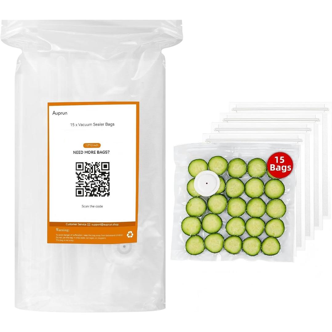 15 Pcs 12x13 Reusable Vacuum Sealer Freezer Bags with Air Valve for Food Storage and Preservation, for Leftover Save, Meal Prep, Sous Vide Cook, Outdoor BBQ. BPA Free, Dishwasher Safe Microwavable
