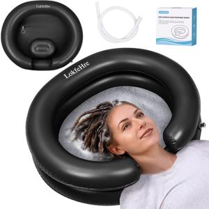 Black Inflatable Shampoo Basin, Stain Resistant Ergonomic Neck Support Hair Washing Bowl for Bedridden Elderly Disabled, Portable Leakproof PVC Sink with Drain Hose for Home Care Locs Detox