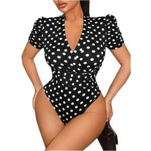 SHENHE Women's Polka Dots Wrap V Neck Body Suits Tops Puff Short Sleeve Date Night Elegant Bodysuits (M)