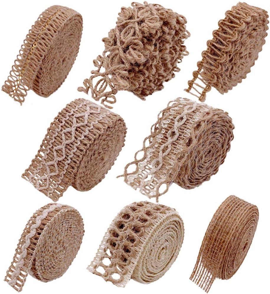 Burlap Ribbons,8 Rolls Burlap Lace Burlap Wedding Ribbon Natural Jute Rope Twine String for Crafts Gift Wrapping Wedding Party Home Decoration (17.6 Yards)