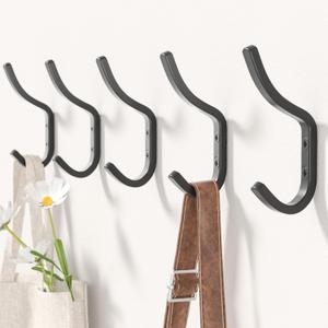 Wall Hooks for Hanging Coat - 5 Pack Black Arc Double Hooks, Sturdy Metal Matte Finish, Organize Coats, Hats, Bags in Entryway, Closet, Bedroom