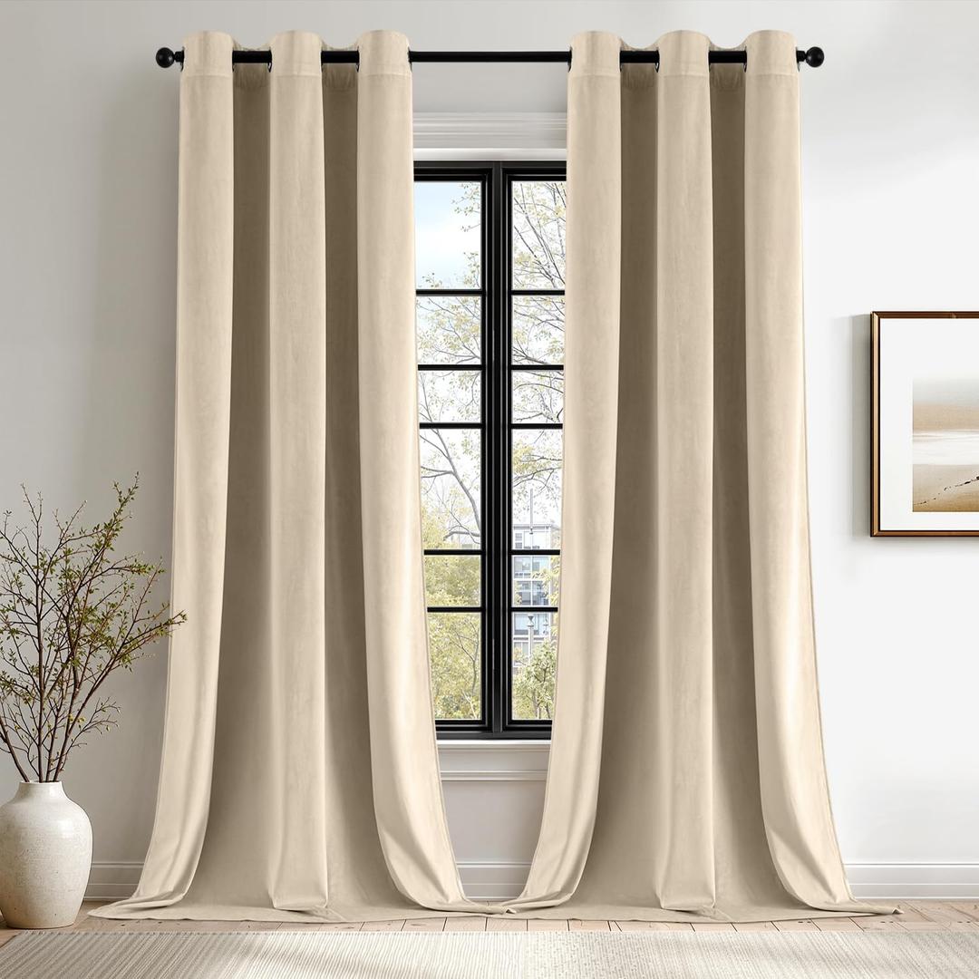 ANRODUO Beige Velvet Curtains 96 Inches Long Blackout Thermal Insulated Soundproof Curtain Privacy Room Darkening Curtains Grommet Window Drapes for Bedroom Living Room 42 x 96 Inch Set of 2