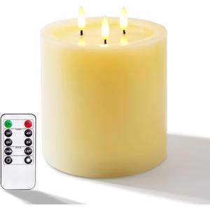 Amagic 3 Wicks Extra Large Flameless Candles, Battery Operated Candles with Remote Control and Timers, 6-inch Diameter LED Pillar Candles, Real Wax, Liquid Effect, Ivory, 6"x6"