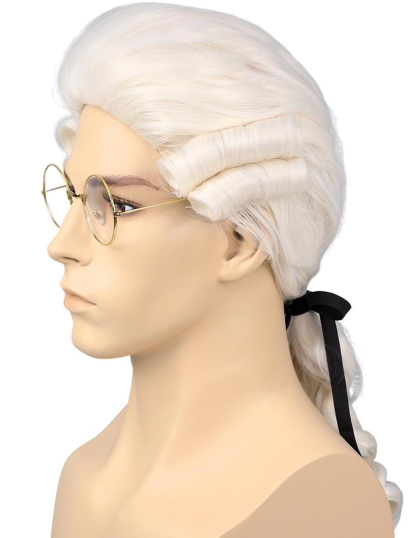 Bettecos Mens Judge Colonial Wig with Glasses Long Blonde Powdered Wavy Wig Costume Cosplay Halloween Party White Wigs (Beige)