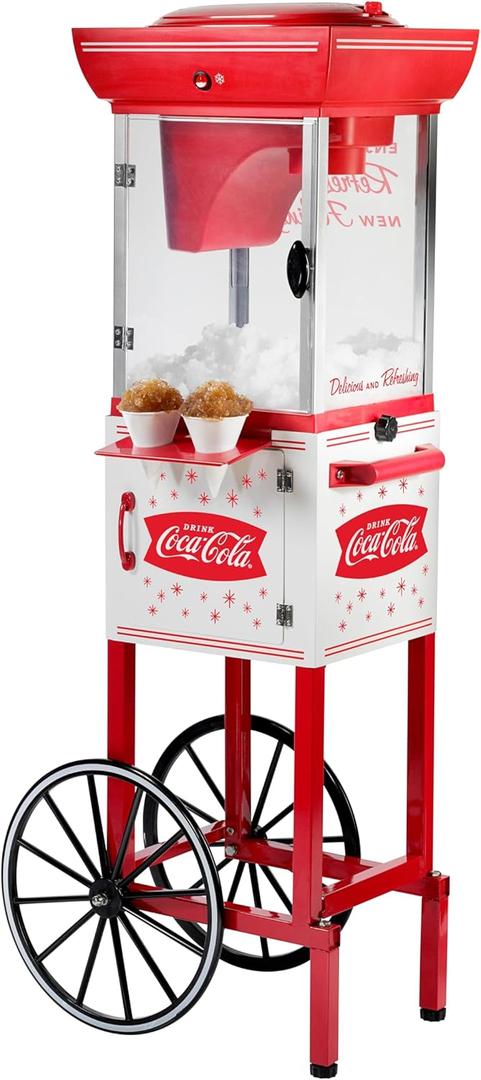 Nostalgia Coca-Cola 48-Inch Tall Snow Cone Cart, Makes 48 Icy Treats, Includes Metal Scoop, Storage Compartment, Wheels For Easy Mobility  Coke Red