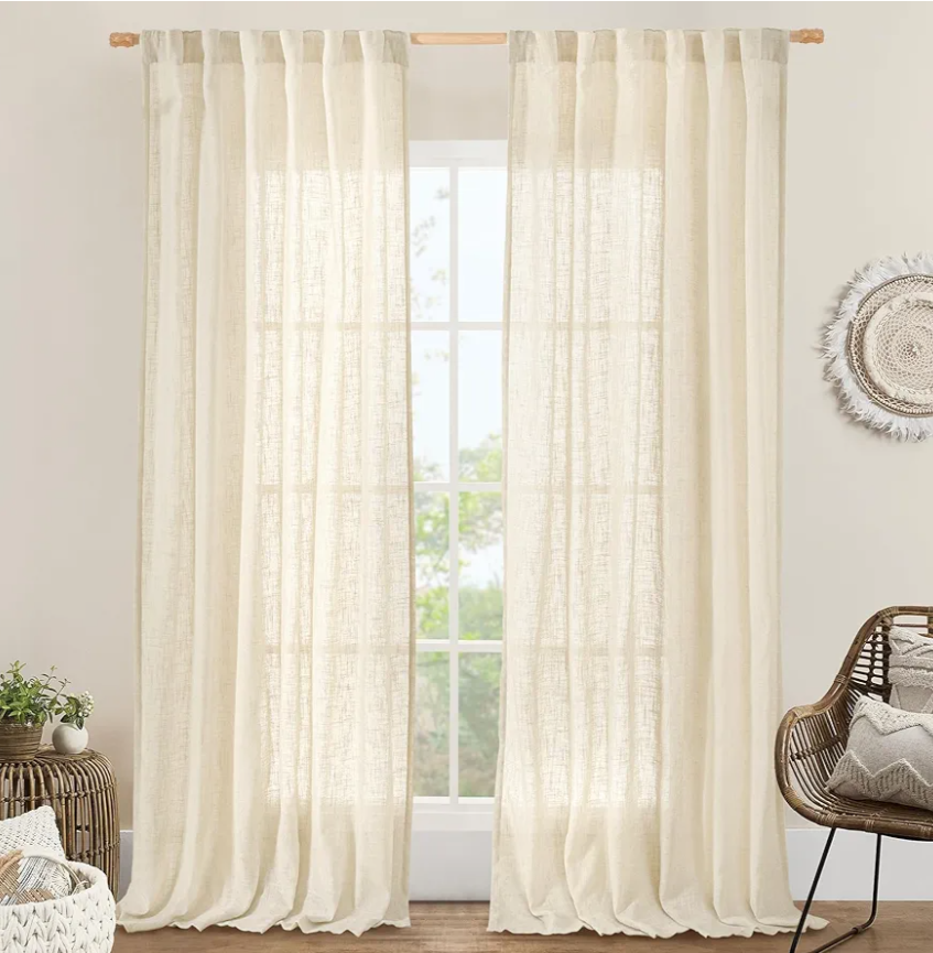 LAMIT Beige Linen Curtains for Living Room 2 Panels Set, 84 Inch Faux Linen Textured Light Filtering Drapes Back Tab and Rod Pocket Boho Panels for Farmhouse/Bedroom/Porch, 52 x 84 Inch