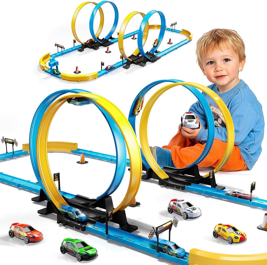 LILYBUDS Toy Car Race Track Set for Boys Kids Age 3-5 4-7, Race Tracks with 4 Crash Zones and 1:64 Scale High-Speed Slot Cars, Christmas Halloween Birthday Gifts Toys for Toddlers Boys 4-8 8-12 Years