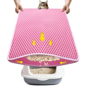 Double-Layer Cat Litter Trapper Mat - Heavy Duty Anti-Tracking Litter Box Mat with Deep Grooves & Waterproof Bottom - Stops Mess, Easy Clean (Pink,L)