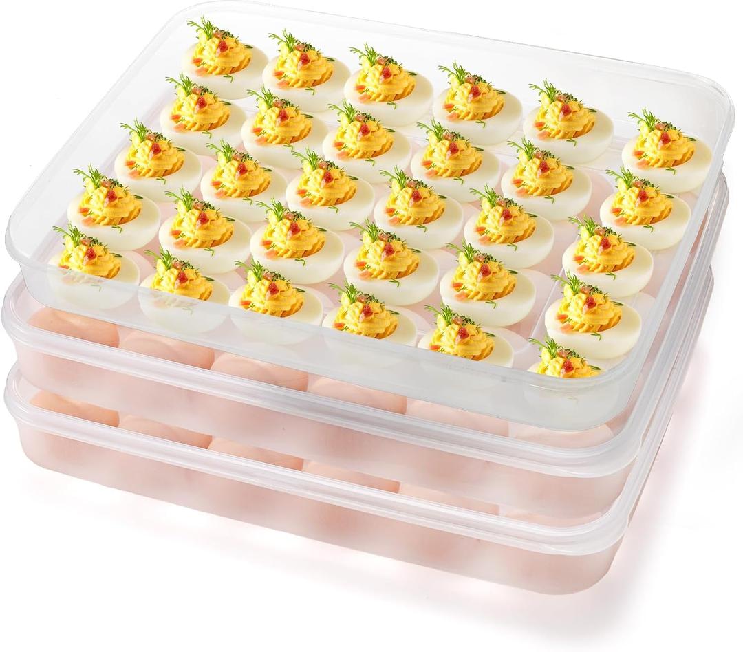 3 Pack Deviled Egg Containers with Lid, 90 Slot Easter Plastic Egg Holder for Refrigerator, Clear Storage Egg Carrier Tray Stackable Egg Dispense for Party, Travel, Camping
