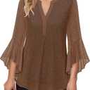 Lotusmile Women's 3/4 Sleeve Dressy Tops Elegant V Neck Blouse for Women Casual Work Evening Party (Brown, S)
