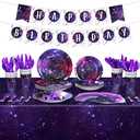 Tiamon 171 Pcs Galaxy Space Party Decoration Tableware Set Space Theme Birthday Decoration Galaxy Tablecloth Paper Plates Napkins, Birthday Banner for 24 Guests Party Supplies (Vivid Style)