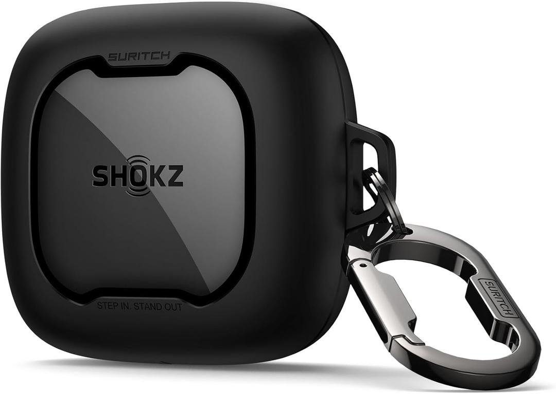SURITCH for SHOKZ OpenFit Air Case Cover, Magnetic Locking Cases for SHOKZ OpenFit Air Open-Ear Headphones, Protective Bumper Cover with Carabiner & Keyring for OpenFit Air Earbuds (2024), Black