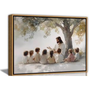 Framed Jesus With Children Canvas Wall Art Christian Kids Room Painting Picture Wall Decor Jesus Teaching Children Poster Print Artwork for Child Room Bedroom Classroom Home Decoration 16inx24in
