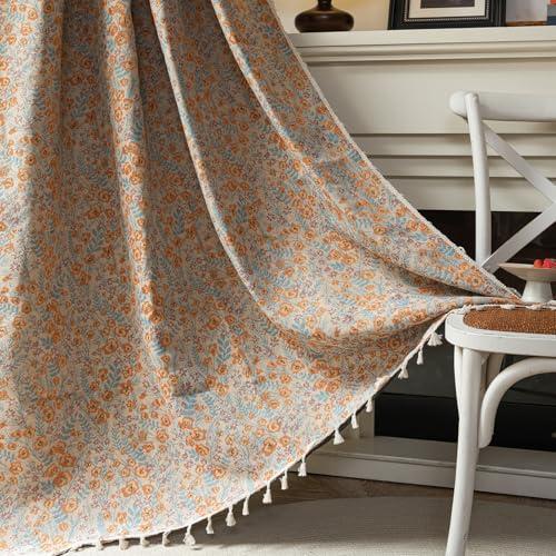ENJOYBRIDAL Orange Floral Curtains 96 Inch Long Boho Light Filtering Drapes Vintage Jacquard Rod Pocket Semi Sheer Window Curtain Panels Bedroom Living Room Tassel 2 Panels Set Window Treatments