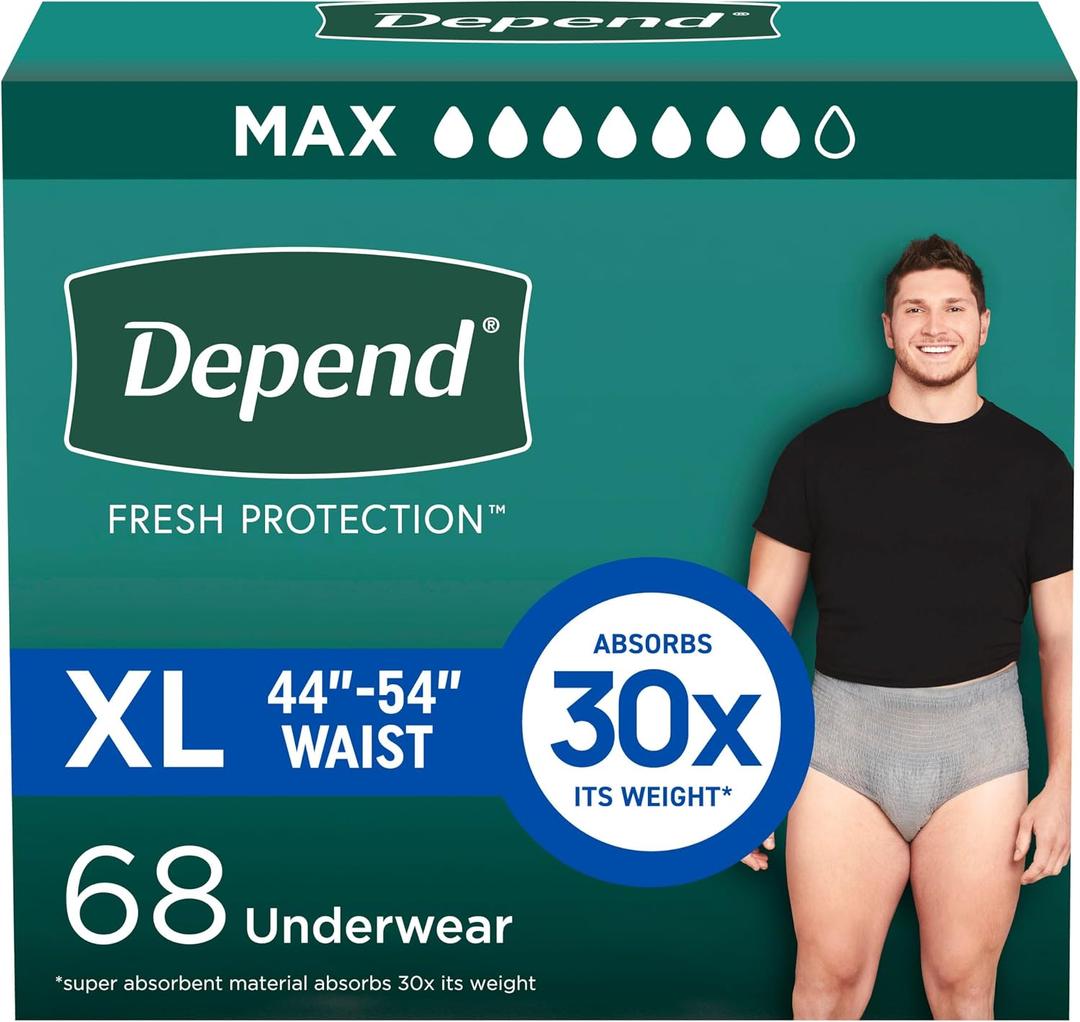 Depend Fresh Protection Adult Diapers, Incontinence Underwear for Men, Disposable, Maximum, Extra-Large, Grey, 68 Count (2 Packs of 34) 