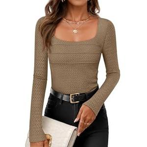 ZESICA Women's Long Sleeve Shirts 2025 Fall Fashion Square Neck Slim Fit Basic Going Out Tops Trendy Outfits Khaki Large