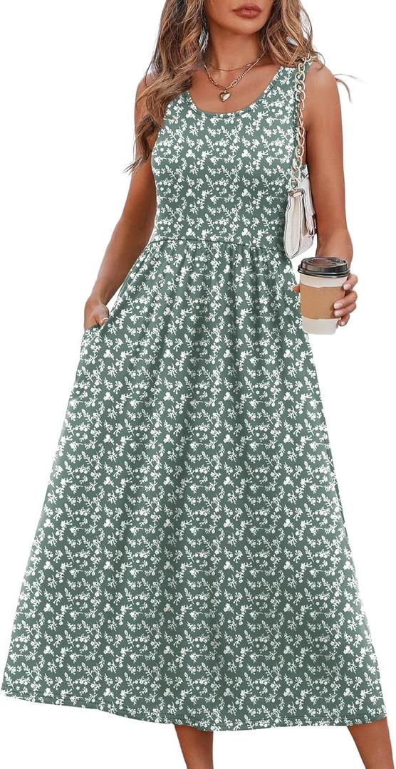 WIHOLL Summer Dresses for Women Flowy Casual Midi Dress Beach Vacation Sundresses with Pockets (Green, S)