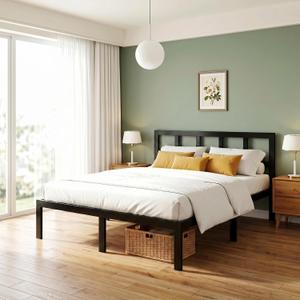 14 in Queen Size Bamboo Platform Bed Frame with Tall Headboard, Black