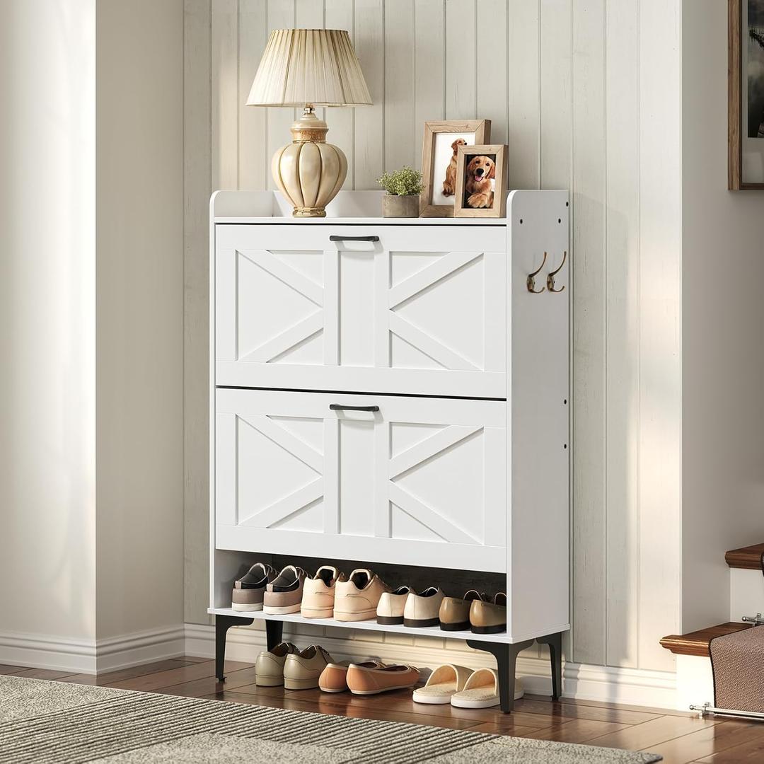 Shoe Storage Cabinet, Shoe Organizer with 2 Flip Drawers, Hidden Shoe Storage for Entryway, Freestanding Organizer with Open Storages, White SHWT9401