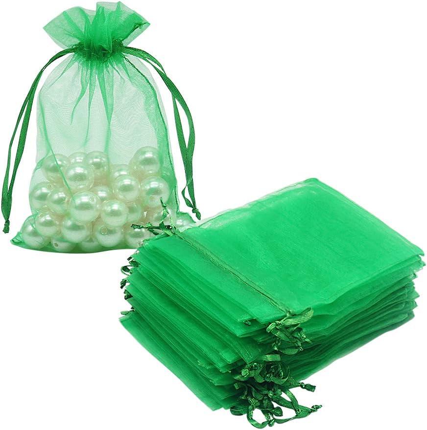 HRX Package 100pcs Organza Drawstring Bags Green, 4 x 6 inch Candy Mesh Gift Bags Jewelry Pouches Small Christmas Sachet