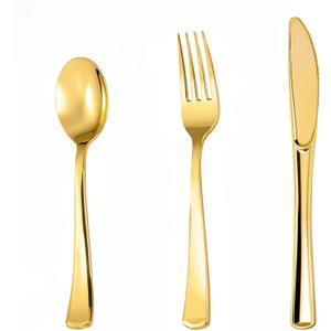 Lullaby 320pcs Gold Plastic Silverware, Disposable Silverware Include 120 Forks, 100 Spoons, 100 Knives, Gold Cutlery Set Disposable for Weddings, Party and Daily Use