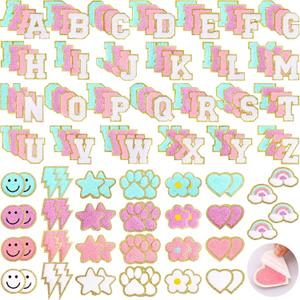 Yilloog 156 Pcs Glitter Self Adhesive Letters Chenille Clothing Patches Embroidered Repair Fuzzy Patches Alphabet Gold Trimmed Preppy Clothing Badges Sewing Appliques (Pastel Classic)