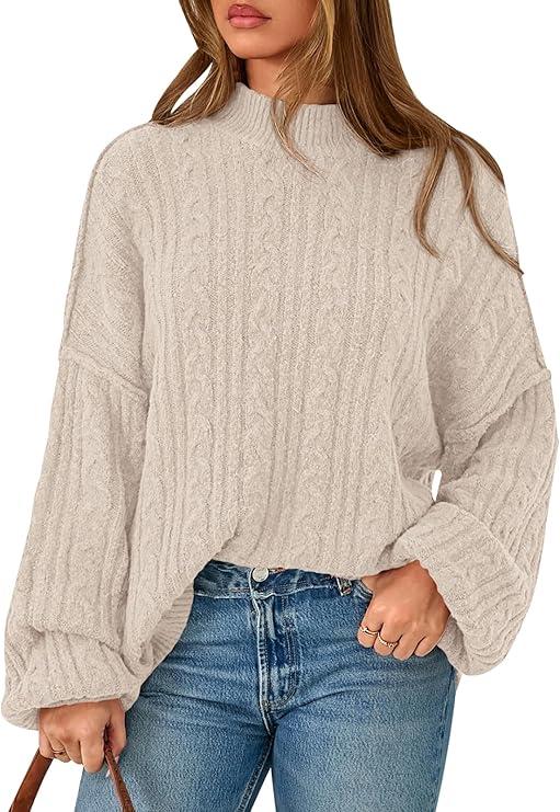 PRETTYGARDEN Womens Sweater 2026 Long Sleeve Crewneck Cable Knit Oversized Sweaters Pullover Exposed Seam Spring Outfits, M