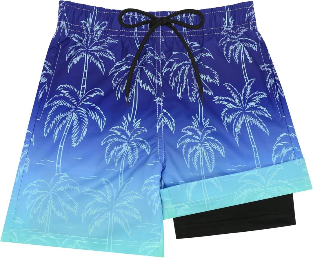 Sarfel Boys Swim Trunks with Compression Liner Kids Swimsuits Boys Bathing Suit Kids Board Shorts Teen Boy Quick Dry Shorts (10-12 Years, Blue Gradient Coconut Palm)