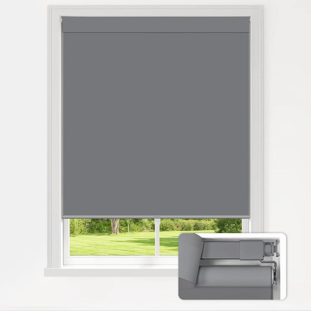 LazBlinds No Drill Blinds for Indoor Windows, Blackout Roller Shades, Cordless Window Blackout Blinds, Thermal Insulated Fabric UV Protection for Home and Office, 27" W x 48" H, Grey
