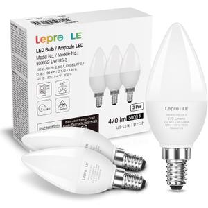 Lepro E12 LED Candelabra Light Bulbs, 5000 Kelvin Daylight White 5.5 watt, 40 watt Equivalent B11 C37 Ceiling Fan Bulb Chandelier Bulbs, Type B Small Base Candle Lights, Plastic, Not-dimmable, 3-Pack