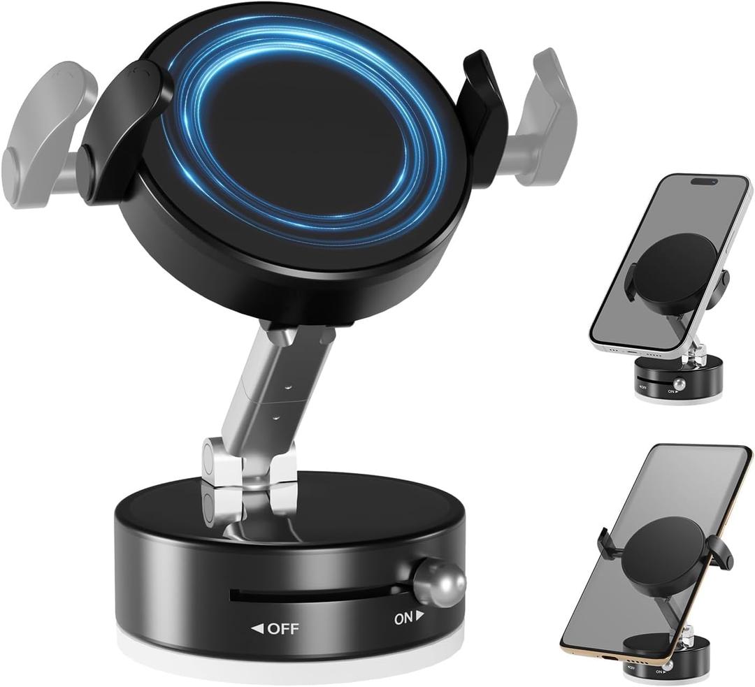 Upgraded 360 Vacuum Magnetic Phone Holder with Clamp,Vacuum Suction Magnetic Phone Mount with Clamp Foldable Cell Holder for Car/Gym/Mirror/Smooth Surface, Compatible with Magsafe iPhone (black 1pcs)