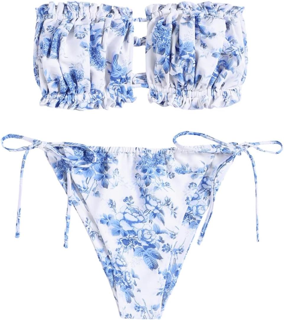 ZAFUL Women 2 Piece Strapless Bikini Swimsuits Ruffle Ribbed Self Tie Bandeau Bikini Set High Cut String Bathing Suits (Medium, 2-blue Floral)
