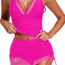 Tankini Bathing Suit for Women - Two Piece Swimsuit with Skirt Tummy Control Swimwear Halter Mesh Swim Dress 2025 (X-Large, Hot Pink)
