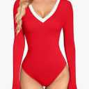 OQQ Women's Bodysuit Tops Contrast-Trim V Neck Long Sleeve Seamless Bodysuits, XL
