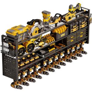 Large 49''W Power Tool Organizer Wall Mount | 620lbs Garage Storage Rack with 12 Cordless Drill Holder | 4-Tier Heavy Duty Utility Shelf for Battery Workshop Organization