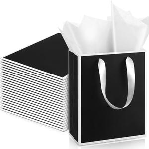 Yeaqee 24 Pack Metallic Paper Gift Bags with Handle and Tissue 9x7x3.1 Welcome Gift Thank You Bags for Wedding Father's Day Bridal Shower Groomsmen Birthday Party(Black, White)