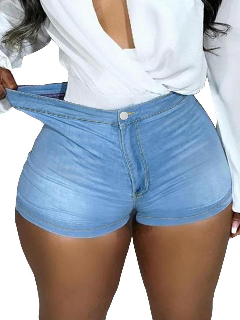 Women's High Waist Denim Shorts Straight Leg Roll Up Hem Button Jean Short Denim Stretchy Skinny Shorts S 