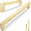 QOGRISUN 5 Pack Solid Brass Cabinet Pulls, 6-1/4 Inch Hole Center, Brushed Matte Gold Square Drawer Handles, Modern Brass Hardware for Kitchen Dresser Bathroom Cupboard Furniture