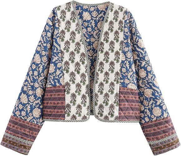 Flygo Women Cropped Puffer Jacket Cardigan Floral Printed Quilted Coats Lightweight Open Front Crop Padded Down Jackets L